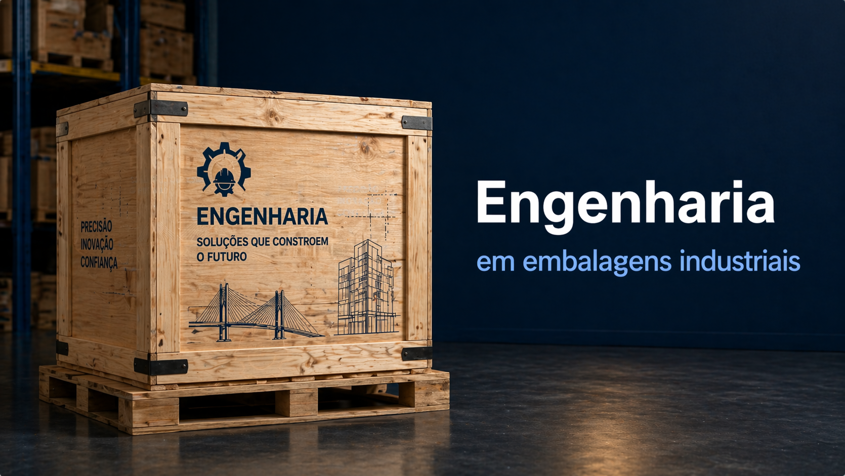 Armazem industrial com paletes e caixas de madeira, ilustrando embalagens e logistica